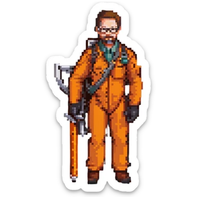 Gordon Freeman from Half-Life 2, pixel art, orange suit, glasses, crowbar sticker