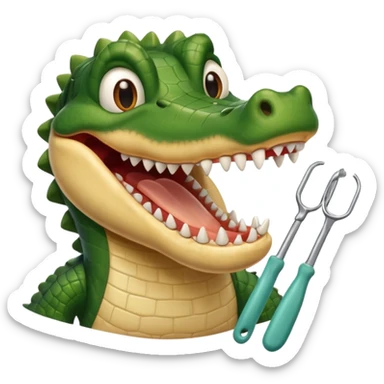 an alligator opening its mouth with a dentist sticker