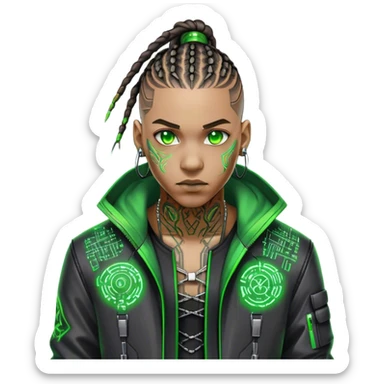 Light skinned African American male with green eyes as a cyberpunk hacker with cornrows hairstyle sticker