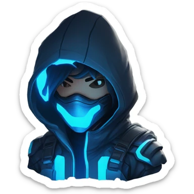 developer behind his laptop with this style : crysis Cyberpunk Riot Games Valorant neon glowing bright blue character blue black hooded assassin themed character sticker