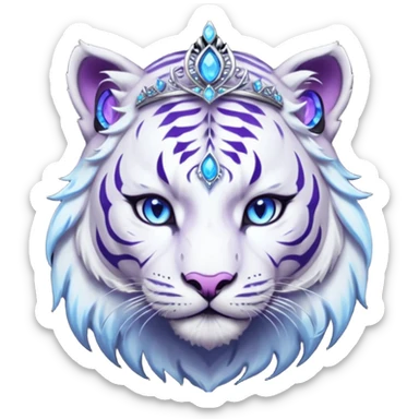 ESO Female white/black tiger khajiit leader of the umbral rose, glowing blue eyes, glowing blue 'third eye' gem; beautiful desined purple gemmed silver tiara sticker