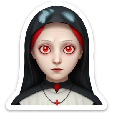 cursed village nun portrait, head and shoulders only, dark hood, mysterious expression, red accents, eerie glow, 3D cartoon, mobile game icon style, clean background, no text, no watermark

 sticker