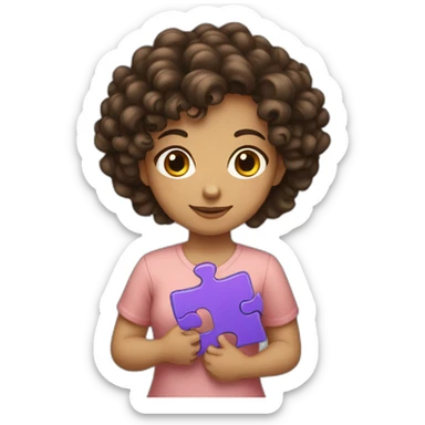curly brunette girl holding a puzzle in her hands sticker