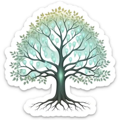 Ethereal family tree with translucent branches connecting glowing ancestor portraits, soft misty background, dreamlike genealogy chart sticker