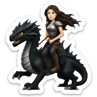 Determined and beautiful armored White Woman with dark brown long hair riding on the back of a giant black dragon sticker