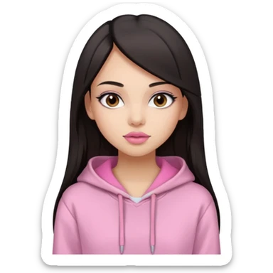A pretty girl with light skin and long straight black brown hair, wearing a very light pink basic hoodie with brown eyes and makeup sticker