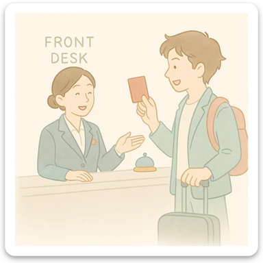 Create an illustration showing the receptionist from the first image welcoming the man from the second image at a hotel front desk. Maintain the soft watercolor illustration style with pastel colors, delicate linework, a gentle, whimsical mood, anime-inspired features, and minimal, soft shading. sticker
