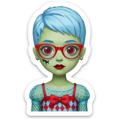 Ghoulia yelps monster high doll in scene/emo style cherry print dress with fishnet sleeves, clothes, thin, small, red, rectangle glasses, pale white-blue skin, pale-green pixie-cut, zombie scars , boy sticker