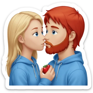 Long-pale-blonde hair, beautiful girl with blue eyes-wearing a light blue hoodie, facing, kissing red-brownish hair-beard boy blue eyed white guy sticker