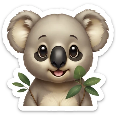 Cinematic Comical Koala Portrait Emoji, Head tilted dramatically with an exaggeratedly amused expression, featuring a quirky grey fur with a comically large black nose and wide, expressive eyes filled with playful disbelief, Simplified yet hilariously expressive features, highly detailed, glowing with a slightly sassy glow, high shine, dramatic yet playful, stylized with an air of cheeky eucalyptus mischief, bright and endearing, soft glowing outline, capturing the essence of a spirited and over‐the‐top koala, so meme‐worthy it feels like it could hug its way into internet fame instantly! sticker