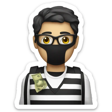 Black and white striped shirt with money bag over shoulder and black mask on sticker