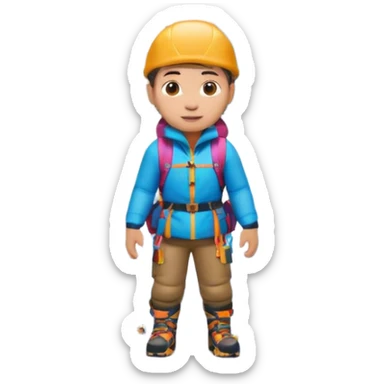 A 3D cartoon mountaineer standing on a snowy Everest-like summit with a flag, wearing colorful climbing gear, soft lighting, Memoji-style.negative : Flag sticker