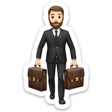 A handsome man, 40+ years old, with a thick beard in a black suit, fair skin, short stylish haircut, full-length photo, wearing an expensive watch, unusual pose, holding a briefcase sticker