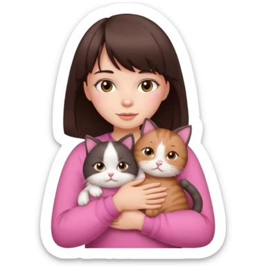 a cute white girl with bangs and straight dark brown hair, brown eye, light makeup wear a pink clothes hugs a cute chubby cat sticker