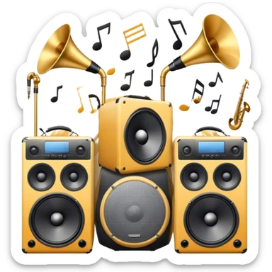 Icon for R&B Music Listening: large concert speakers and headphones with waves of musical notes coming out, along with drums, bass guitar and saxophone. The icon should convey the energetic and rhythmic vibe of R&B music. Transparent background sticker