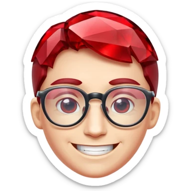 A single red crystal gemstone character wearing glasses,  irregular with faceted very sharp sides, smile, , high detail, sticker