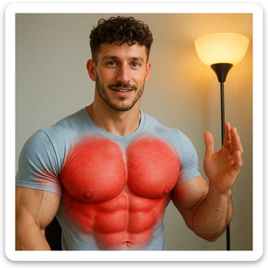 Create a realistic man with a face inspired by the provided photo, but with a muscular body: well-developed and prominent chest and biceps, with red color around the chest and biceps to highlight them. The face should resemble the photo, while the body should be athletic and defined. The style should be realistic with a positive and motivational atmosphere. sticker