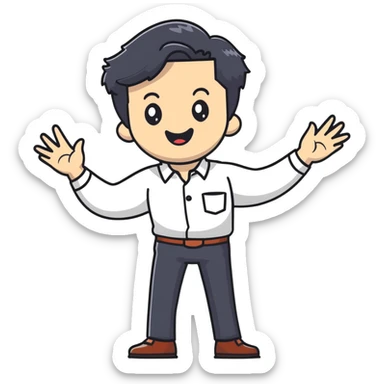 Management educator with black wavy hair, stubble, strong features, white skin, smart casual attire, gesturing while giving a business presentation, enthusiastic teaching expression sticker