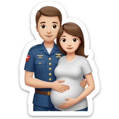 
"Pregnant woman with long brown hair and fair skin wearing a t shirt white. And man with short brown hair and fair skin (without a mustache), wearing a brown military uniform, hugging and smiling."
 sticker