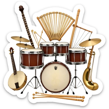 Create a professional, emblem-like emoji representing percussion instruments, including both traditional and folk drums. Feature a snare drum, bass drum, timpani, cymbals, marimba, tambourine, djembe, bongos, cajón, triangle, castanets, and ratchets in a balanced, heraldic composition. Crossed drumsticks at the center symbolize rhythm, while a ribbon of musical notes weaves around the instruments. Use rich gold, mahogany, and silver tones with polished highlights. Add laurel wreaths and subtle engravings for a grand, festive feel. The design should be harmonious, visually complete, and on a transparent background. sticker