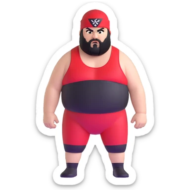 White skin fat guy with prominent black durag, black beard, black eyes in a red and black wrestling singlet with angry face sticker