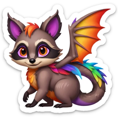 black female raccoon dragon hybrid with rainbow colored wings and purple eyes hugging red female raccoon dragon hybrid with rainbow colored wings and orange eyes sticker