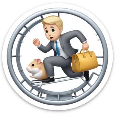 Create an emoji of a tired, overworked entrepreneur running on a hamster wheel, chasing a floating dollar sign or a bag of money. The character has dark circles under their eyes, looks exhausted, and appears stuck in an endless cycle. The hamster wheel represents constant struggle, while the money is always just out of reach. The style should be clean and easily recognizable as an emoji

 sticker