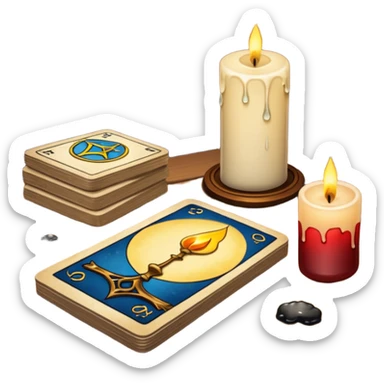 A deck of tarot cards lies on the table, and a candle stands nearby sticker