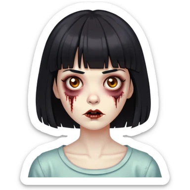 Faça uma mulher zumbi, de cabelo preto curto com franja e olhos grandes castanhos sticker