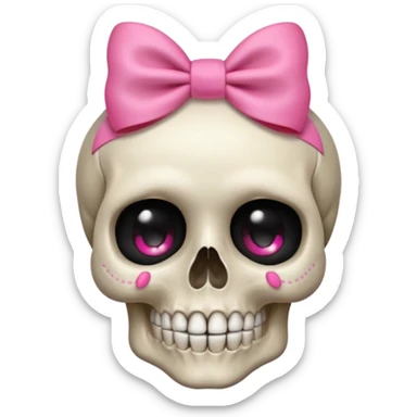 a shy skull with a pink bow, subtle smile, bashful look, apple style emoji sticker