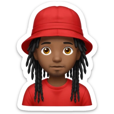 dark brown skin, black hair dreadlocks, wear red t-shirt, black bucket hat sticker