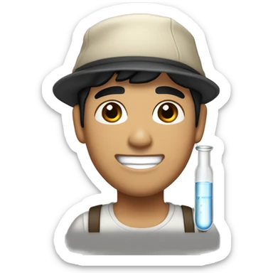 "Light-skinned Latino male with short black hair, wearing a backward cap front to back. Brown eyes, slightly thick lower lip, smiling. Holding a test tube in one hand and a vide sticker