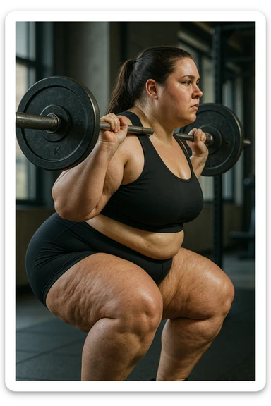 donna grassa con lipedema alle gambe che fa uno squat di profilo con bilanciere, IPERREALISTICA 4K sticker