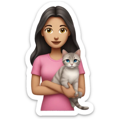 White woman with blue eyes and long dark hair wearing a pink shirt and holding a tabby cat sticker