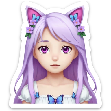 female anime character with pink eyes long white hair periwinkle highlights and cat ears on her head. She is wearing a white dress with purple flowers and butterfly. sticker