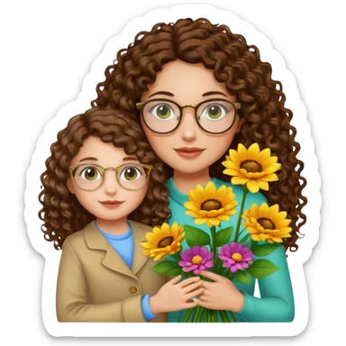 light skinned brunette long curly haired woman with green/hazel eyes framed with fine round gold rimmed glasses holding big bright bunch of flowers with one hand and young kindergarten age daughter's hand (also with long brown curly hair) in other. White background. sticker