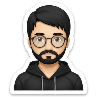 Man, hispanic skin, black hair, black beard, black mustache black eyes black t hoodie, small nose, long emo hair, muscular , round glasses sticker