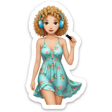 a woman with curly hair, wearing earphones, wearing a sexy beach dress sticker