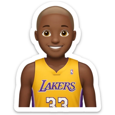 ["Very dark skin male, shaved head, wearing a yellow Lakers jersey."] sticker