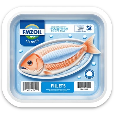 A vacuum-sealed plastic tray containing frozen white fish fillets, covered with thin layers of frost. The packaging has a clear window showing the fish, and a blue label with product details and a barcode. Realistic supermarket freezer setting with cold mist and LED lighting. sticker
