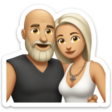 White orange Bearded guy with bald head and tattoos on left hand hugging a long brunette hair Croatian girl with nose ring stud sticker