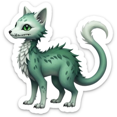 Kawaii divine swampy white-skeletal gloomy ghostly dark greyish dark-deep-greenish foggy eldritch elegant cute beautiful realistic edgy fantasy feline-vernid-sergal-fursona animal creature with a tufted tail full body with intricate markings  sticker