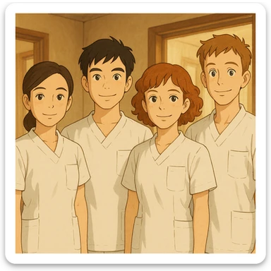 Four nursing students standing side by side, inspired by the four provided faces, in a warm indoor atmosphere, wearing white short-sleeve medical tunics with V-neck, left chest pocket, no collar, no undershirt, no stethoscope, Ghibli style. sticker
