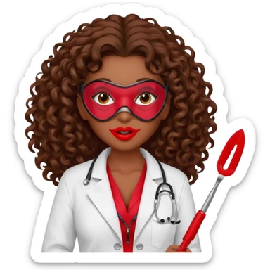 Lilith symbol seductress evil woman. She had brown long curly hair.  evil surgeon kills with scalpel wears red sexy doctor coat with red mouth mask  sticker