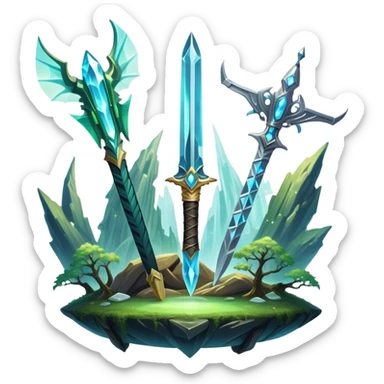 Icon for Fantasy and Sci-Fi: a magical sword, a glowing crystal, and a futuristic spaceship flying over an enchanted forest, with mythical creatures like dragons or aliens. The icon should capture the wonder and adventure of fantasy and sci-fi worlds. Transparent background. sticker