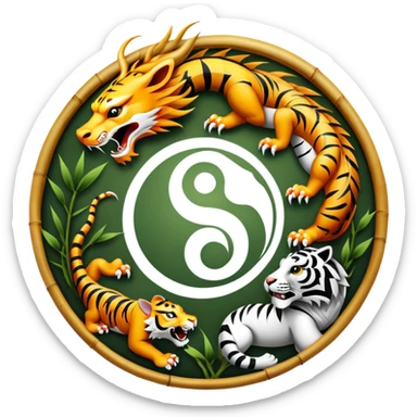 An icon symbolizing Eastern martial arts in the style of an emblem, featuring a black-and-white Yin-Yang symbol, a dragon, and a tiger. The dragon and tiger represent strength and agility, surrounding the symbol. Traditional elements like bamboo add to the design. Transparent background. sticker