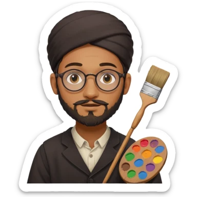 generate an ios genmoji of a 20 year old tan indian boy with rounded spectacles and a AMISH beard, carrying a paintbrush and palette sticker