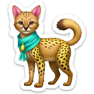 Colorful cute adorable tropical exotic fruity kiwi-green lemony rosy-pink blushing pastel neon-red Caracal-Cheetah-Civet-Trico-fusion-hybrid-animal-creature, full body, with tribal tattoos, wearing a yellow-and-cyan scarf sticker