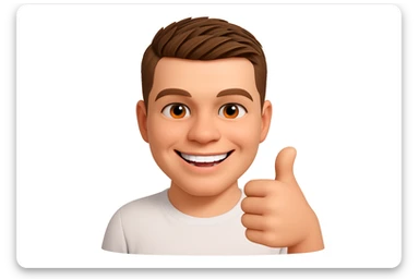 Based on these photos, make an emoji with facial features intact, a man in a white T-shirt, giving a thumbs up and smiling approvingly sticker