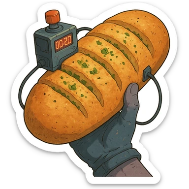 a thermonuclear hand held grenade IED, futuristic cyberpunk. The primed exlosive is garlic bread. small detonator attached to large loaf sticker